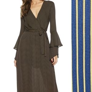 Bardot Surplice Neck Voluminous Long Sleeve Maxi Dress Gold Navy Stripe 8 Medium